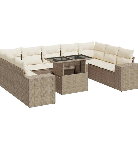 10-tlg. Garten-Sofagarnitur mit Kissen Beige Poly Rattan
