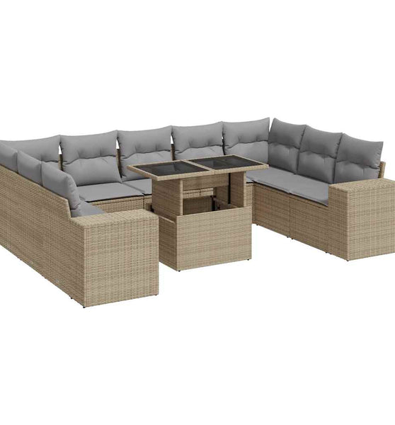 10-tlg. Garten-Sofagarnitur mit Kissen Beige Poly Rattan
