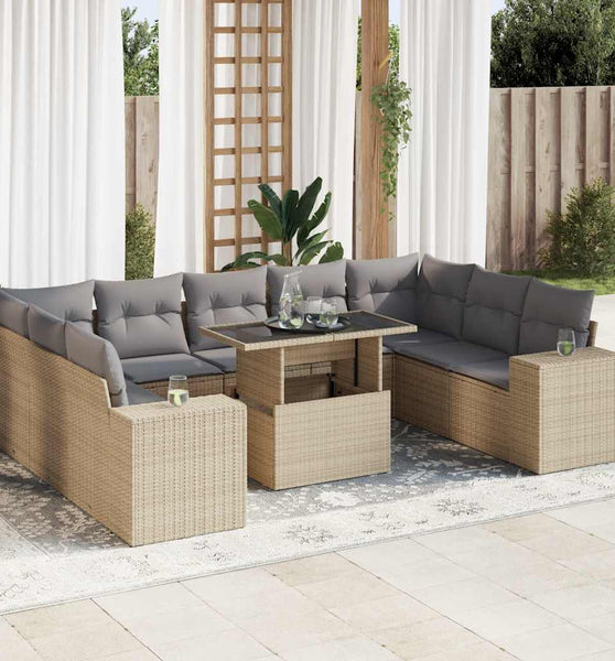 10-tlg. Garten-Sofagarnitur mit Kissen Beige Poly Rattan