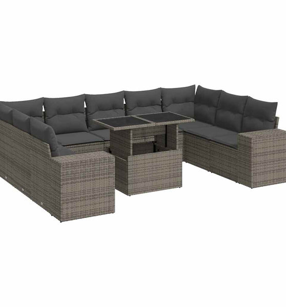 10-tlg. Garten-Sofagarnitur mit Kissen Grau Poly Rattan