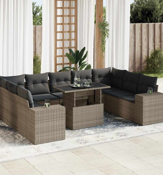 10-tlg. Garten-Sofagarnitur mit Kissen Grau Poly Rattan