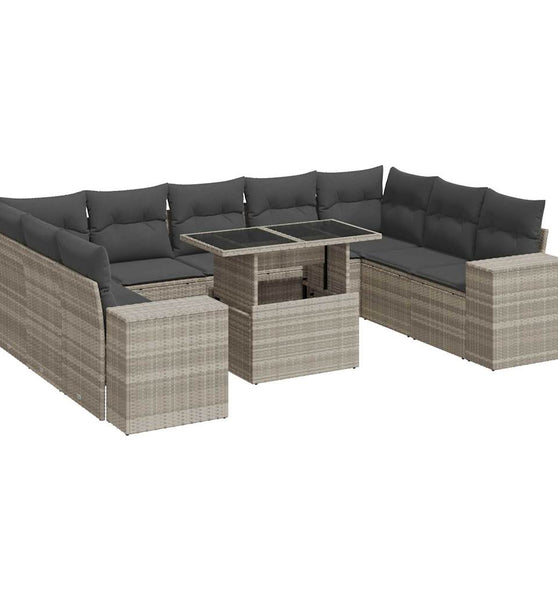 10-tlg. Garten-Sofagarnitur mit Kissen Hellgrau Poly Rattan