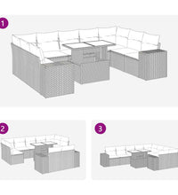 10-tlg. Garten-Sofagarnitur mit Kissen Hellgrau Poly Rattan
