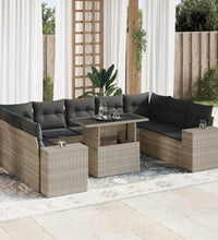 10-tlg. Garten-Sofagarnitur mit Kissen Hellgrau Poly Rattan