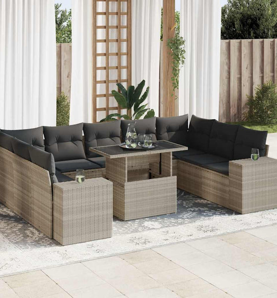 10-tlg. Garten-Sofagarnitur mit Kissen Hellgrau Poly Rattan