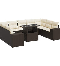 10-tlg. Garten-Sofagarnitur mit Kissen Braun Poly Rattan