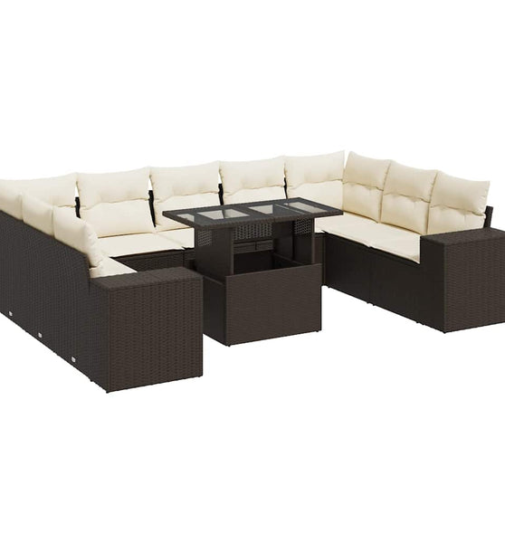 10-tlg. Garten-Sofagarnitur mit Kissen Braun Poly Rattan