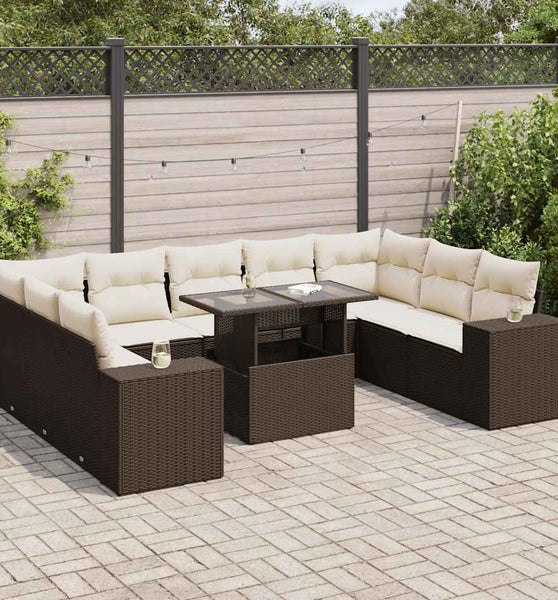 10-tlg. Garten-Sofagarnitur mit Kissen Braun Poly Rattan