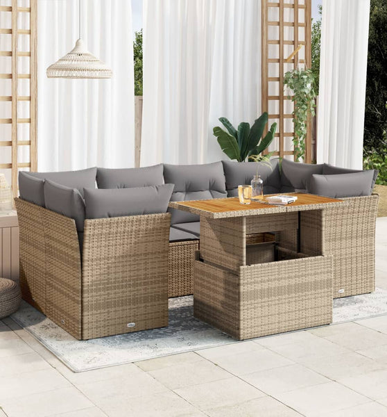 7-tlg. Garten-Sofagarnitur mit Kissen Beige Poly Rattan