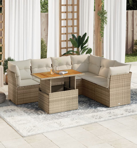 7-tlg. Garten-Sofagarnitur mit Kissen Beige Poly Rattan