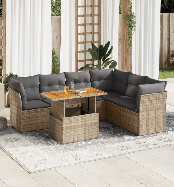 7-tlg. Garten-Sofagarnitur mit Kissen Beige Poly Rattan