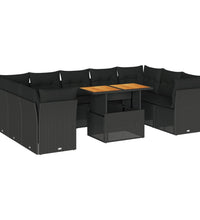 10-tlg. Garten-Sofagarnitur mit Kissen Schwarz Poly Rattan