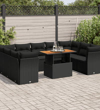 10-tlg. Garten-Sofagarnitur mit Kissen Schwarz Poly Rattan