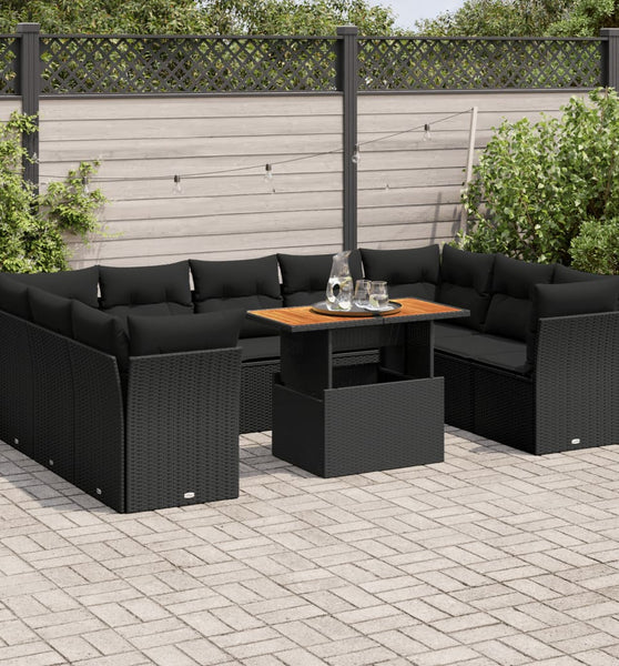 10-tlg. Garten-Sofagarnitur mit Kissen Schwarz Poly Rattan