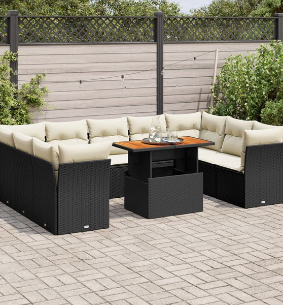 10-tlg. Garten-Sofagarnitur mit Kissen Schwarz Poly Rattan