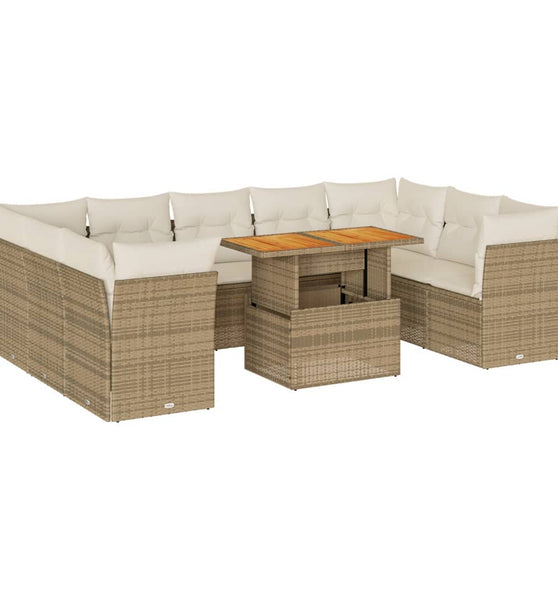 10-tlg. Garten-Sofagarnitur mit Kissen Beige Poly Rattan