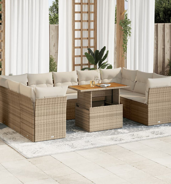 10-tlg. Garten-Sofagarnitur mit Kissen Beige Poly Rattan
