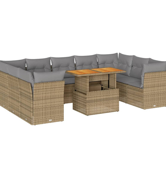 10-tlg. Garten-Sofagarnitur mit Kissen Beige Poly Rattan