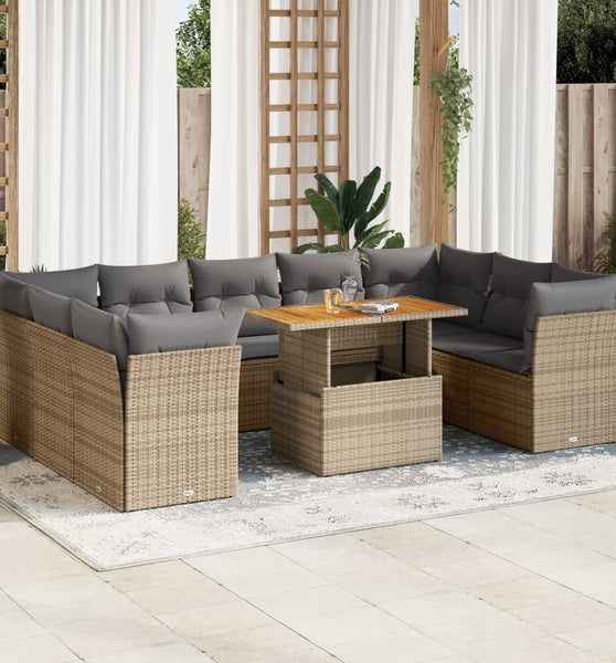 10-tlg. Garten-Sofagarnitur mit Kissen Beige Poly Rattan