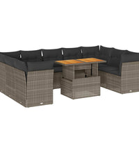 10-tlg. Garten-Sofagarnitur mit Kissen Grau Poly Rattan