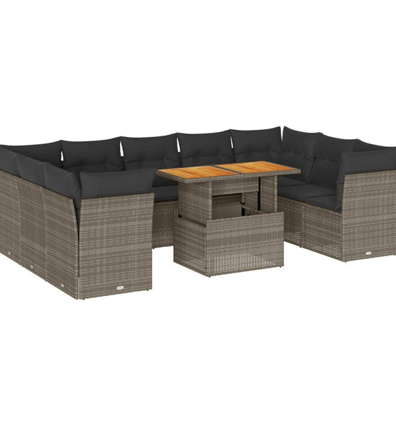 10-tlg. Garten-Sofagarnitur mit Kissen Grau Poly Rattan