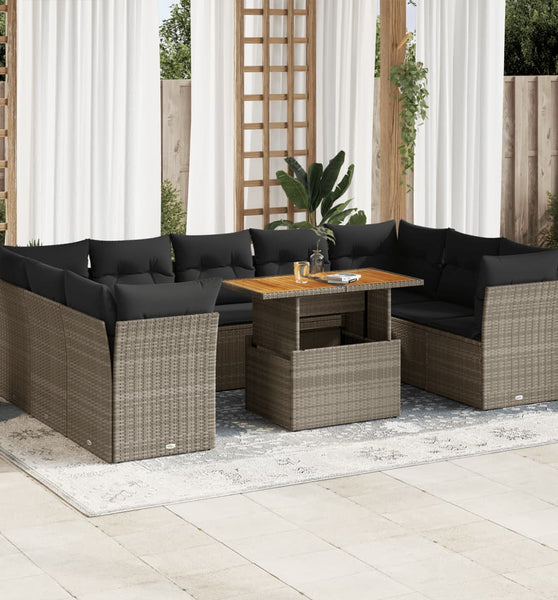 10-tlg. Garten-Sofagarnitur mit Kissen Grau Poly Rattan