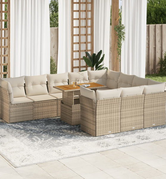 11-tlg. Garten-Sofagarnitur mit Kissen Beige Poly Rattan