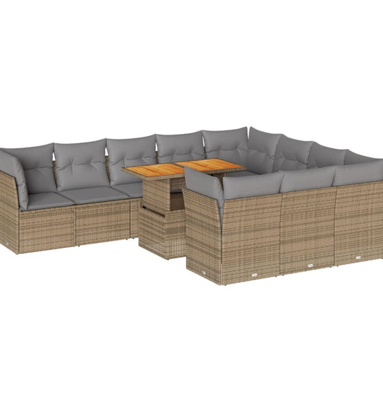 11-tlg. Garten-Sofagarnitur mit Kissen Beige Poly Rattan
