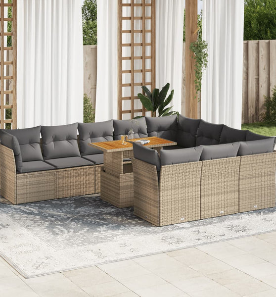 11-tlg. Garten-Sofagarnitur mit Kissen Beige Poly Rattan