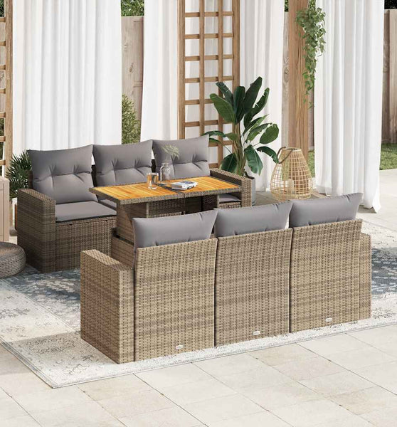 7-tlg. Garten-Sofagarnitur mit Kissen Beige Poly Rattan