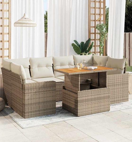 7-tlg. Garten-Sofagarnitur mit Kissen Beige Poly Rattan