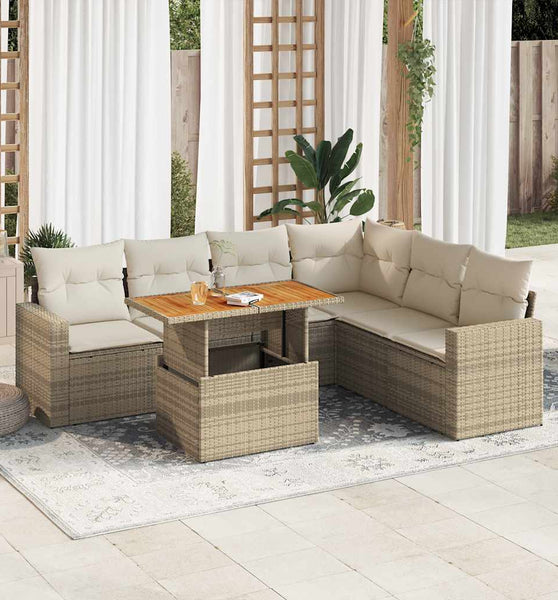 7-tlg. Garten-Sofagarnitur mit Kissen Beige Poly Rattan
