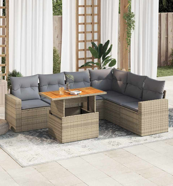 7-tlg. Garten-Sofagarnitur mit Kissen Beige Poly Rattan