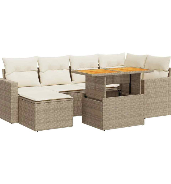 7-tlg. Garten-Sofagarnitur mit Kissen Beige Poly Rattan