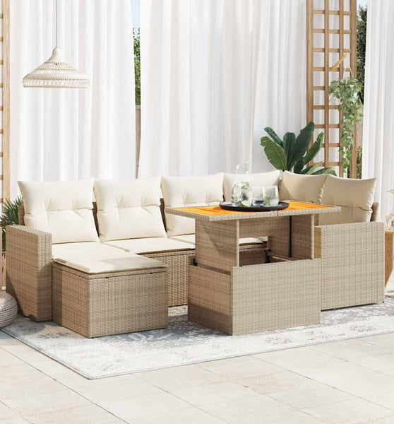 7-tlg. Garten-Sofagarnitur mit Kissen Beige Poly Rattan
