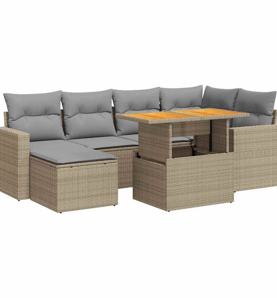 7-tlg. Garten-Sofagarnitur mit Kissen Beige Poly Rattan