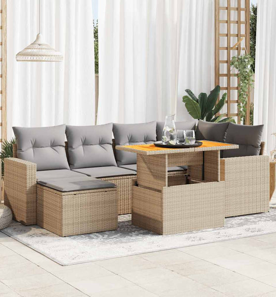 7-tlg. Garten-Sofagarnitur mit Kissen Beige Poly Rattan