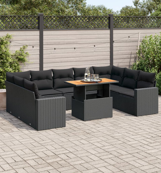 10-tlg. Garten-Sofagarnitur mit Kissen Schwarz Poly Rattan