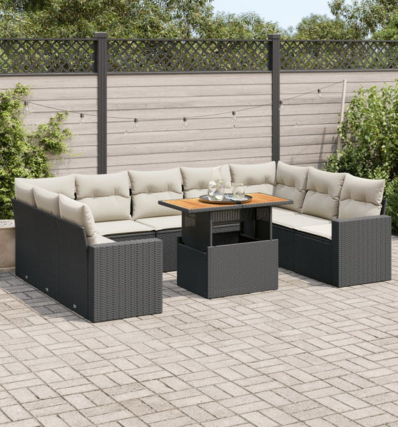 10-tlg. Garten-Sofagarnitur mit Kissen Schwarz Poly Rattan