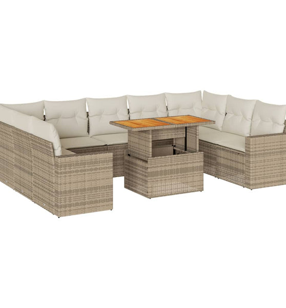 10-tlg. Garten-Sofagarnitur mit Kissen Beige Poly Rattan