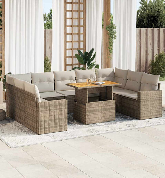 10-tlg. Garten-Sofagarnitur mit Kissen Beige Poly Rattan