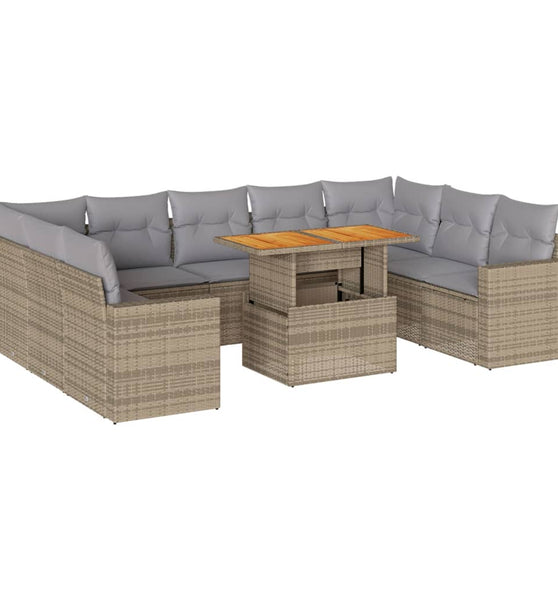 10-tlg. Garten-Sofagarnitur mit Kissen Beige Poly Rattan