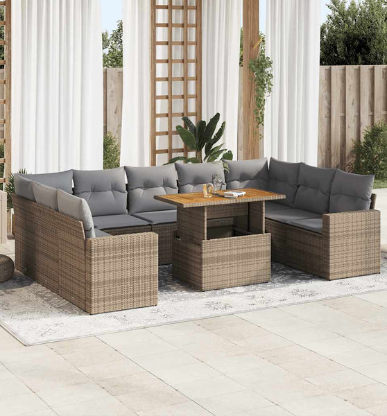 10-tlg. Garten-Sofagarnitur mit Kissen Beige Poly Rattan