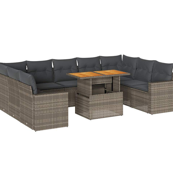 10-tlg. Garten-Sofagarnitur mit Kissen Grau Poly Rattan