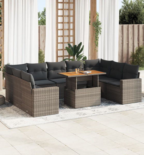 10-tlg. Garten-Sofagarnitur mit Kissen Grau Poly Rattan