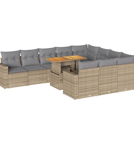 11-tlg. Garten-Sofagarnitur mit Kissen Beige Poly Rattan