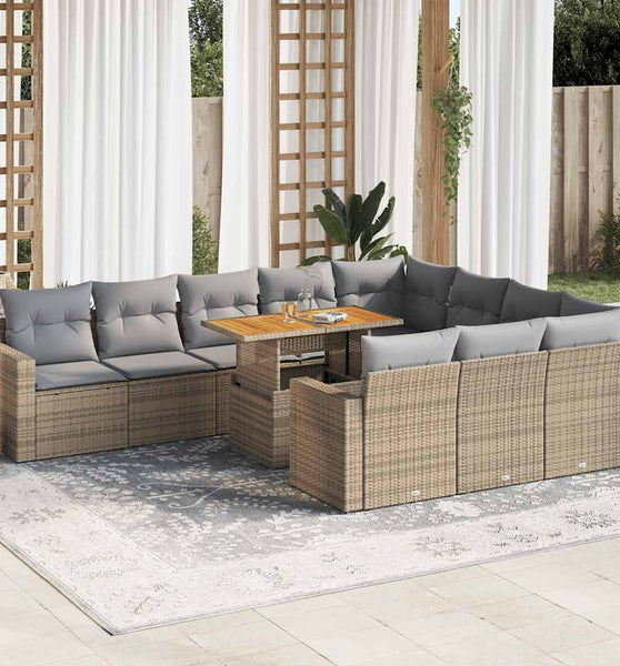11-tlg. Garten-Sofagarnitur mit Kissen Beige Poly Rattan