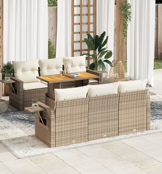 7-tlg. Garten-Sofagarnitur mit Kissen Beige Poly Rattan