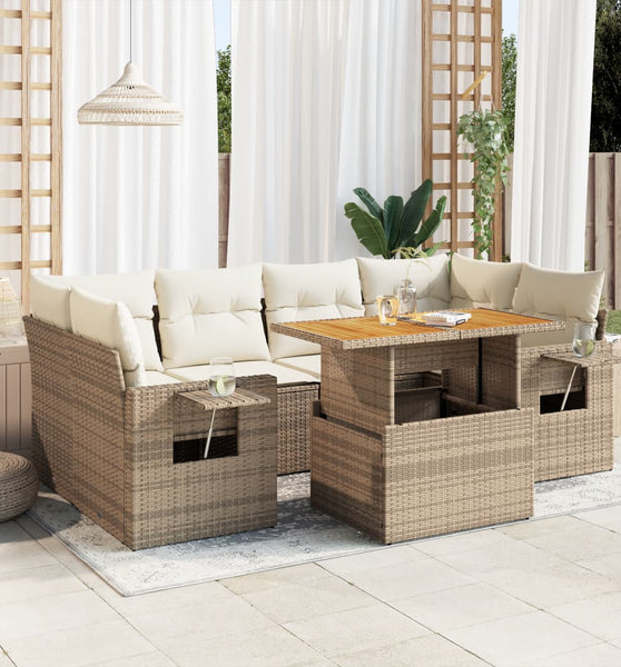 7-tlg. Garten-Sofagarnitur mit Kissen Beige Poly Rattan