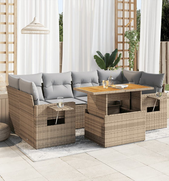 7-tlg. Garten-Sofagarnitur mit Kissen Beige Poly Rattan